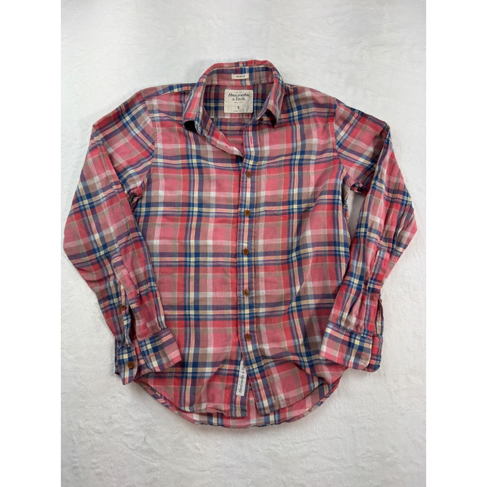 Abercrombie & Fitch Mens Small Muscle Fit Pink Blue Plaid Cotton Linen Shirt